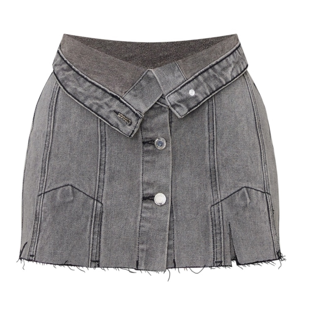 Petite Grey Distressed Button Front Denim Micro Mini Skirt size US 10